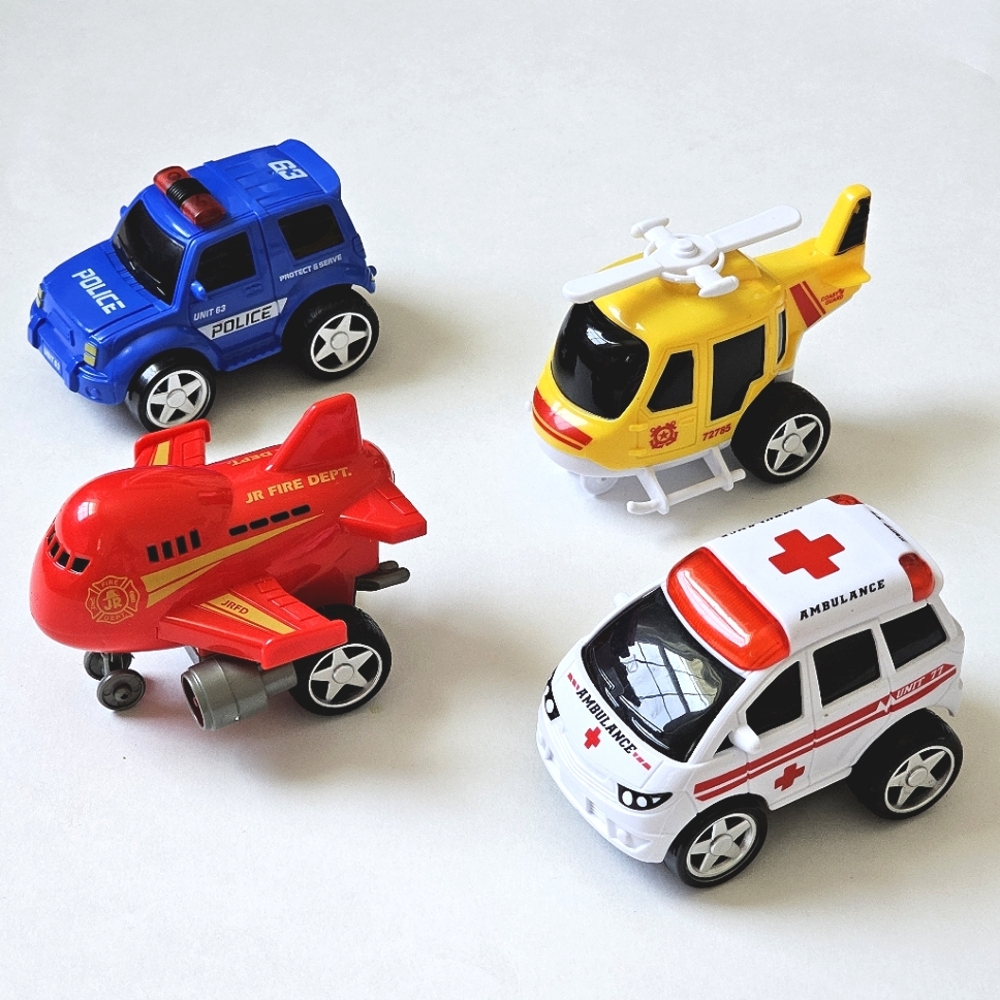 Lot of 4 Emergency Vehicle Toys 4" Police, Ambulance, Jet Fire Dept, Helicopter